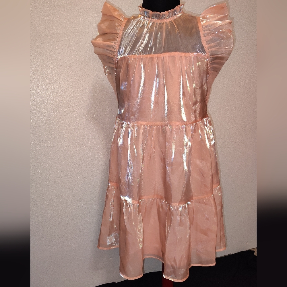 NWT Entro Shiny Peach Dress With Iridescent White Pearl Overlay
